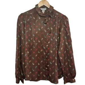 Vtg Evan Picone Union Made Tie Neck Size 12 Long Sleeve Abstract Print Blouse